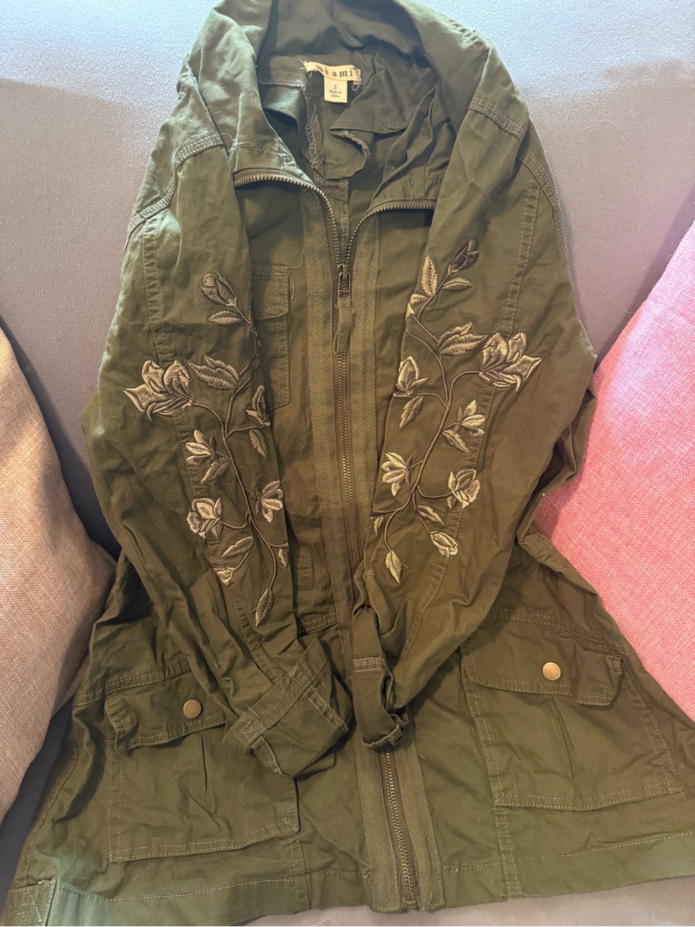 Francesca's Collections Olive Green Embroidered Zip Jacket 💐